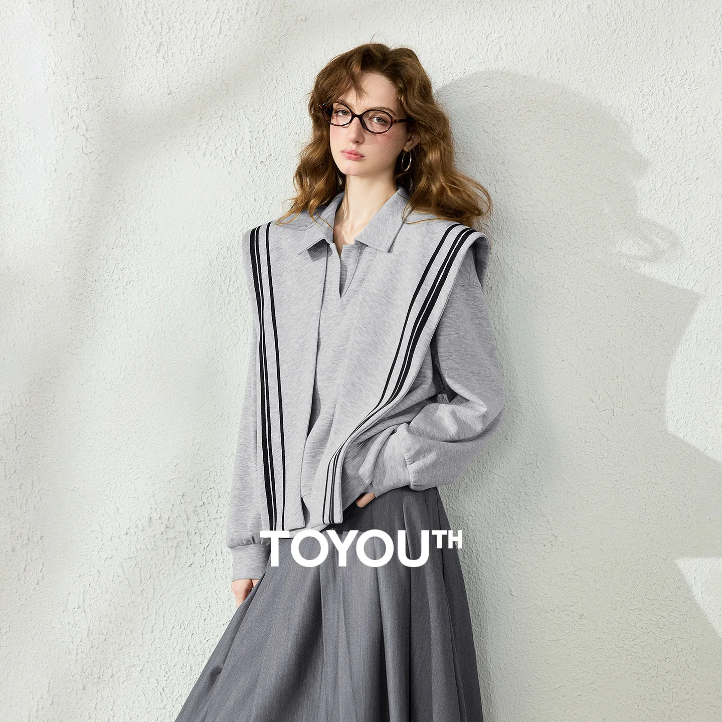 TOYOUTH Womens Sweatshirt 2026 Autumn New Air Layer Detachable Sailor Collar Shawl Loose Fit Top
