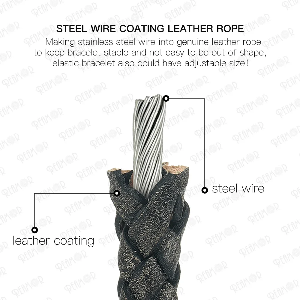 REAMOR Vintage Fixing Steel Wire Genuine Leather Cuff Bangles 316l Stainless Steel Rope Link Bracelet For Men Jewelry