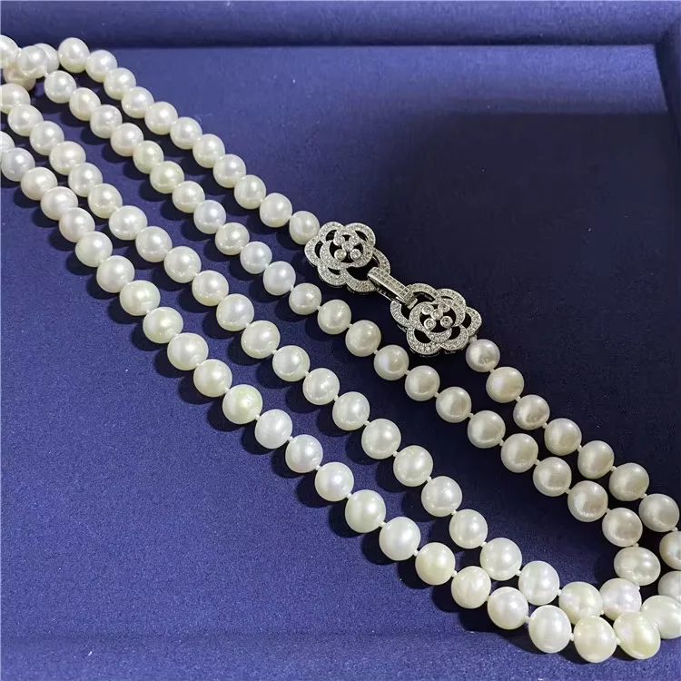 Natural Pearl 28''-32'' 3 Strands Natural White Pearl CZ Connector Necklace For Women