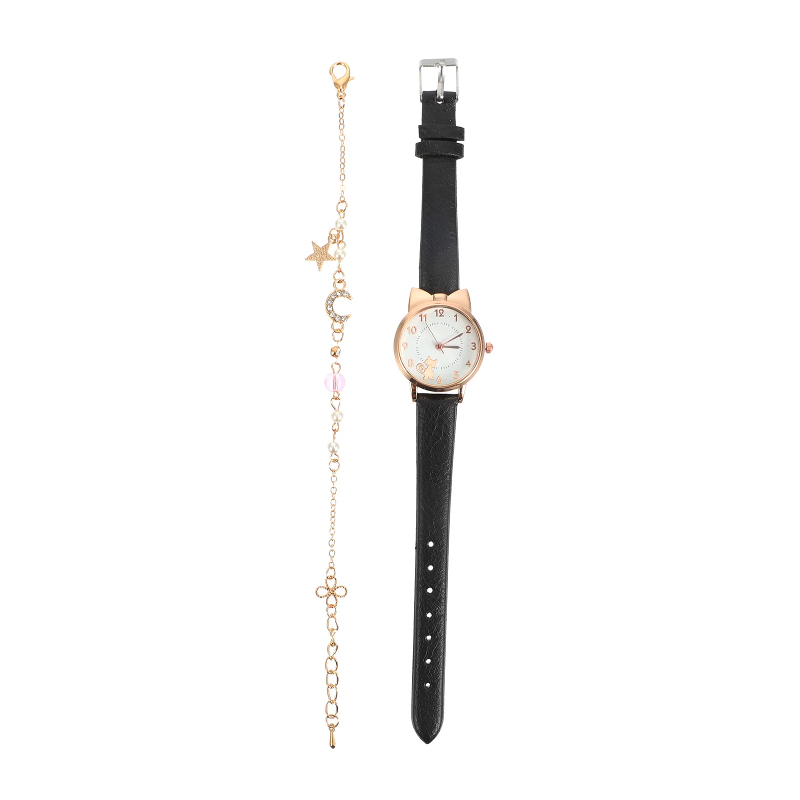 

1Set Women's Cat Quartz Watch with Moon Bracelet Set Stylish Elegant Design for Daily Wear Holiday Birthday Gift Choice