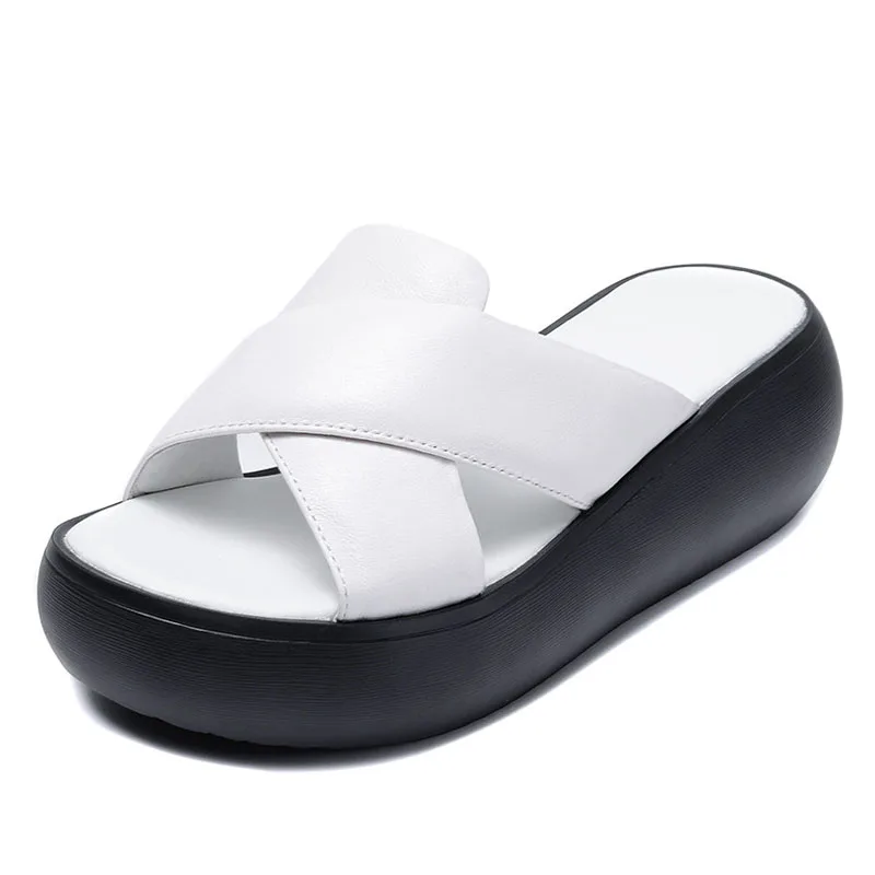 DRKANOL Summer Wedges Slippers Women Chunky Platform Casual Slides Cross Genuine Cow Leather Open Toe Women Sandals Slippers