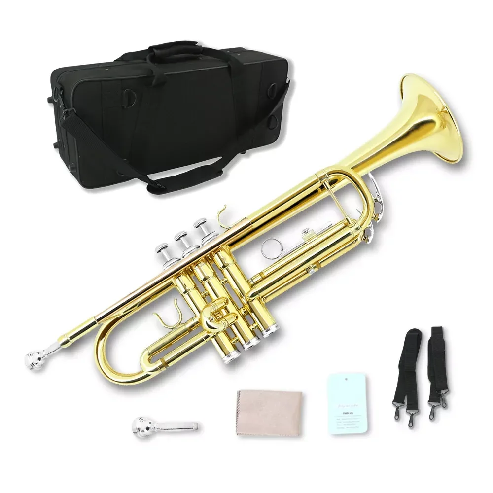 Yinfenteyinfente Golden Bb Standard Trumpet With Case 7C Mouthpiece And Cleaning Kit Nice Tone Black Case