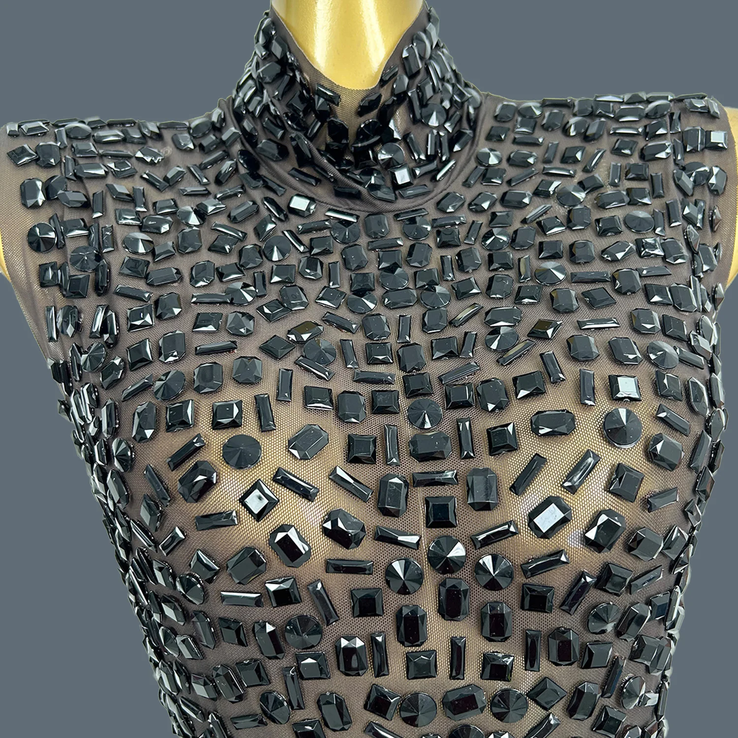 夏キラキラ黒ラインストーンドレススーツセクシーなシアーメッシュ女性クロップトップミニスカート2ピースセット誕生日パーティー衣装bingkuai