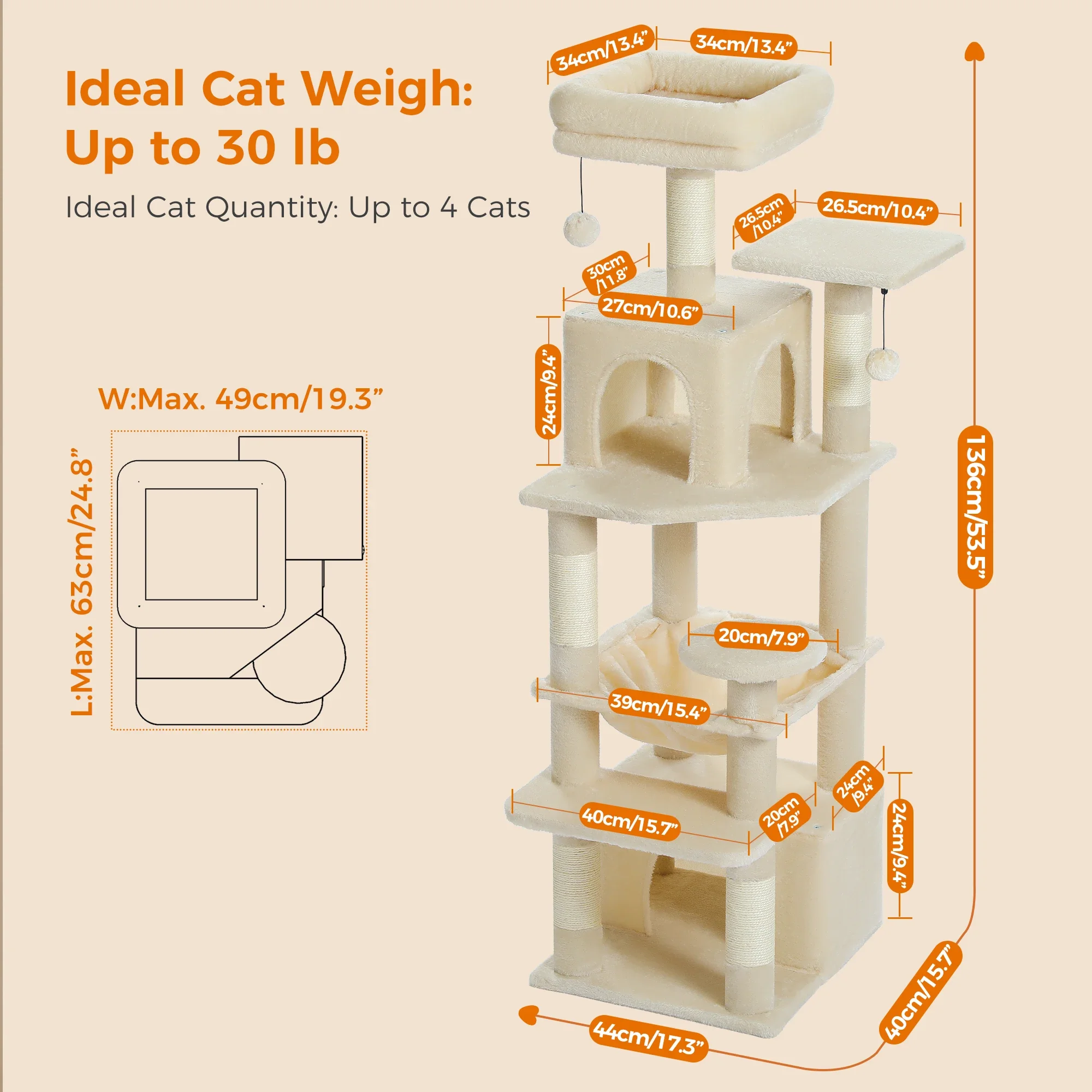 Large Cat Tree and Tower for Indoor Cats With Sisal-Covered Scratching Posts Spacious Hammock Padded Perches and Condos