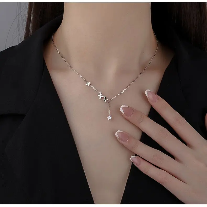 925 فضة فراشة كريستال شرابات سلسلة الترقوة قلادة قلادة للنساء حفل زفاف مجوهرات هدية طوق