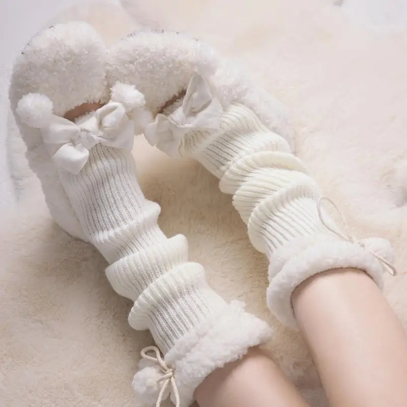 

Women's Socks Japanese Lolita JK Bow Cute Kawaii Versatile Mid Tube Pile Socks Set Warm Hairball Thickened Cotton Socks For Girl