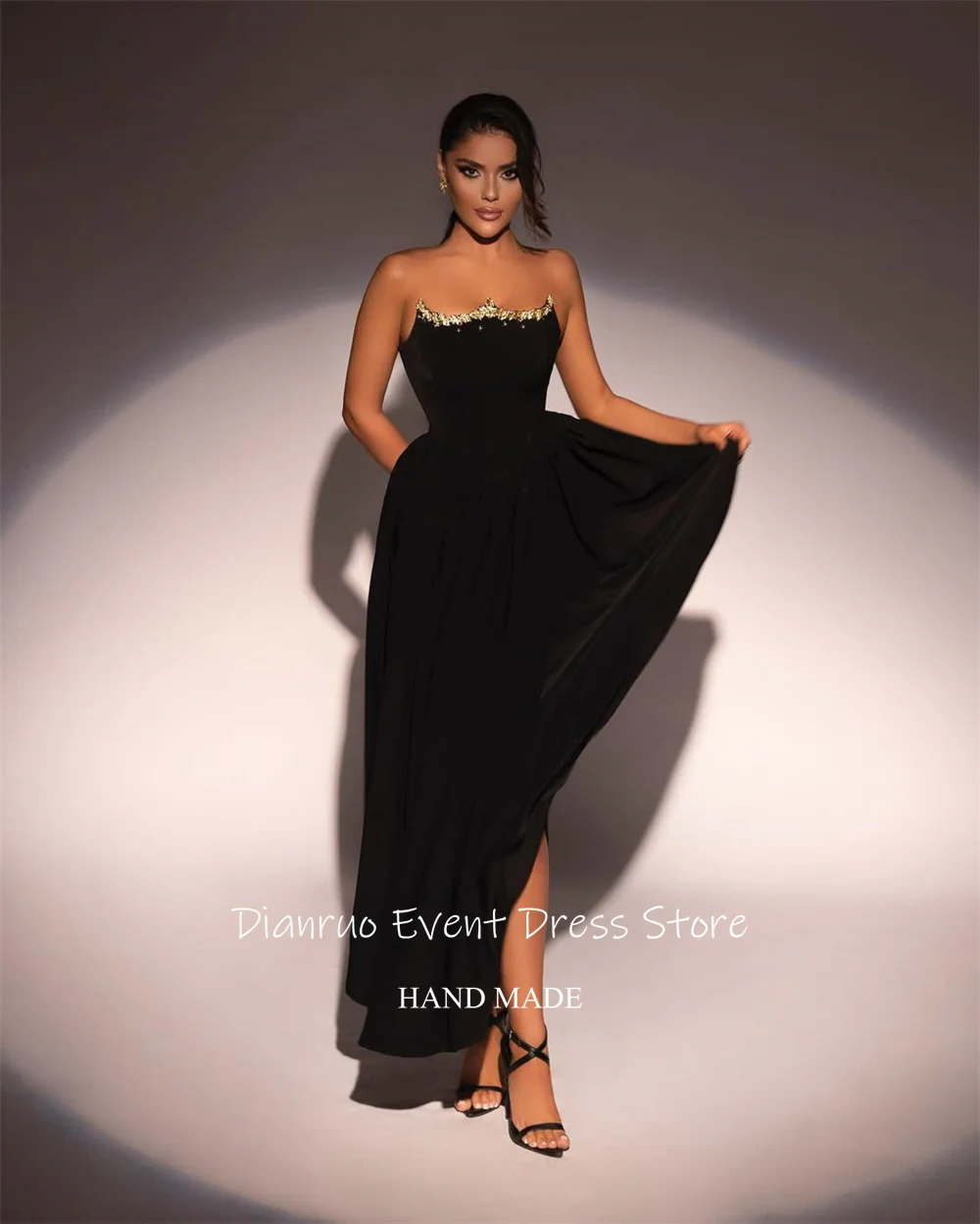 Dianruo Elegant Strapless Evening Dresses Black Ankle Length Prom Gowns A Line Ruched Lace Up Back Robe D'été Femme Customized