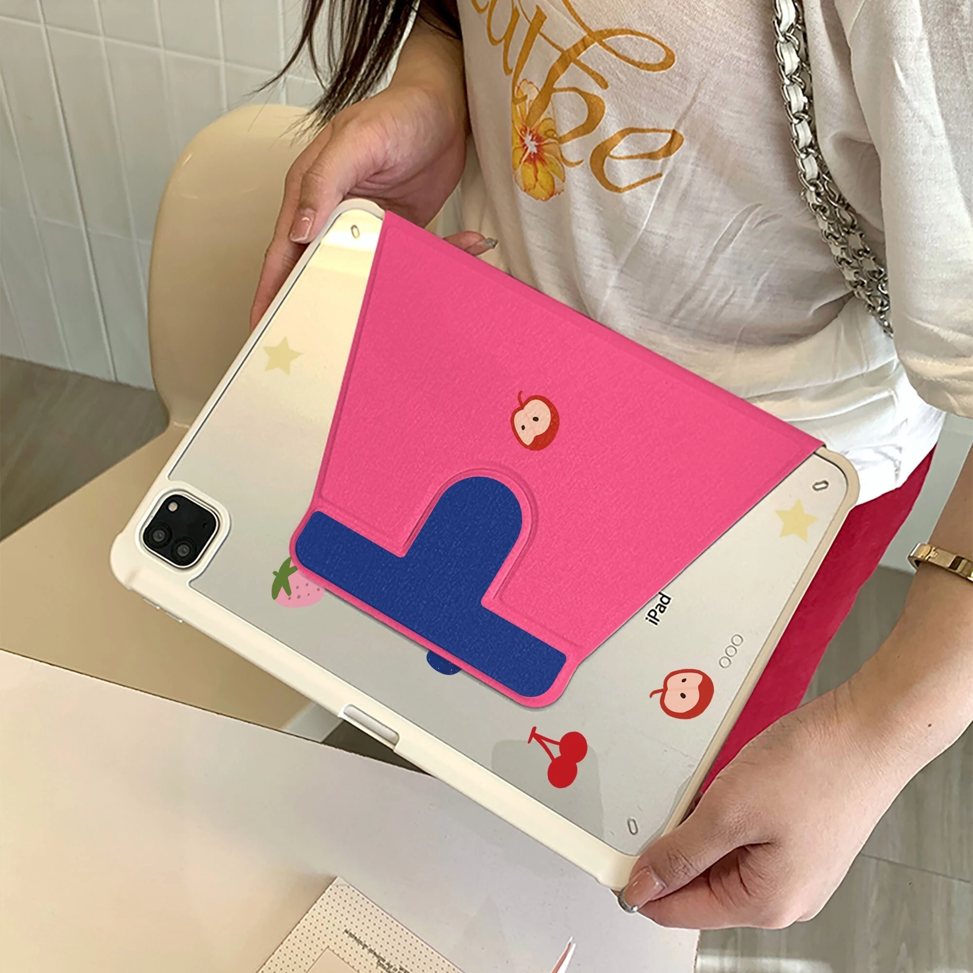 Fruit Grid Stripe Pink Y2K 360° Rotation Cover For iPad Pro 13 11th M5 M4 12.9 A16 10 8 7 9th 10th Air 11 M2 M3 Mini Tablet Case
