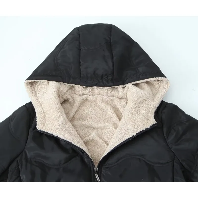 autumn and winter women's geometric wave hooded lambskin thick warm cotton jacket, fashionable mid to long length cotton jacket