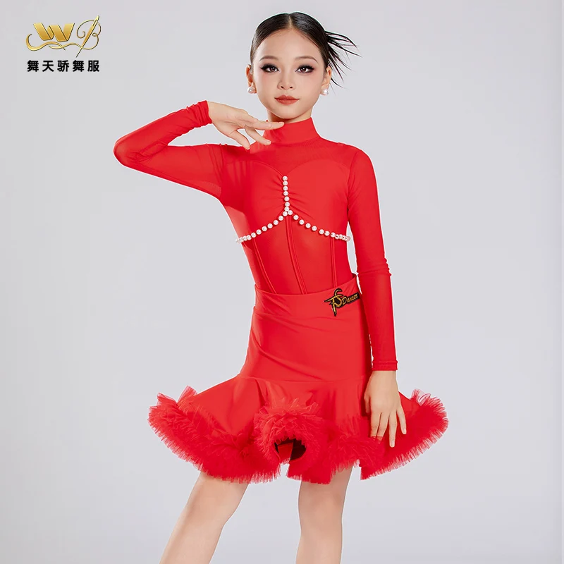 Nuevo traje de baile latino de encaje para niños y niñas, traje de actuación de práctica de alta gama, conjunto de manga larga