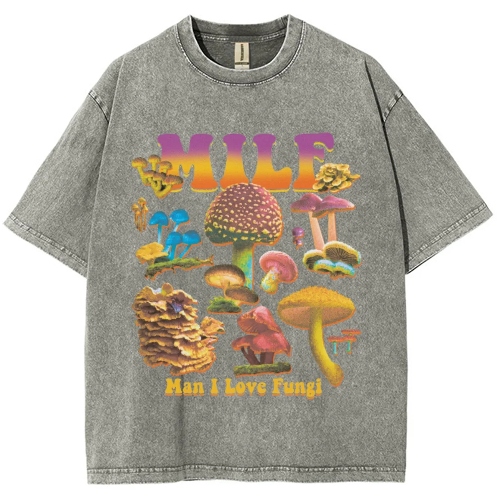 男性と女性のためのレトロなマッシュルームプリントTシャツ,ウォッシュドコットン,通気性,半袖,ハイストリート,ヒップホップ,ファッショナブル,特大