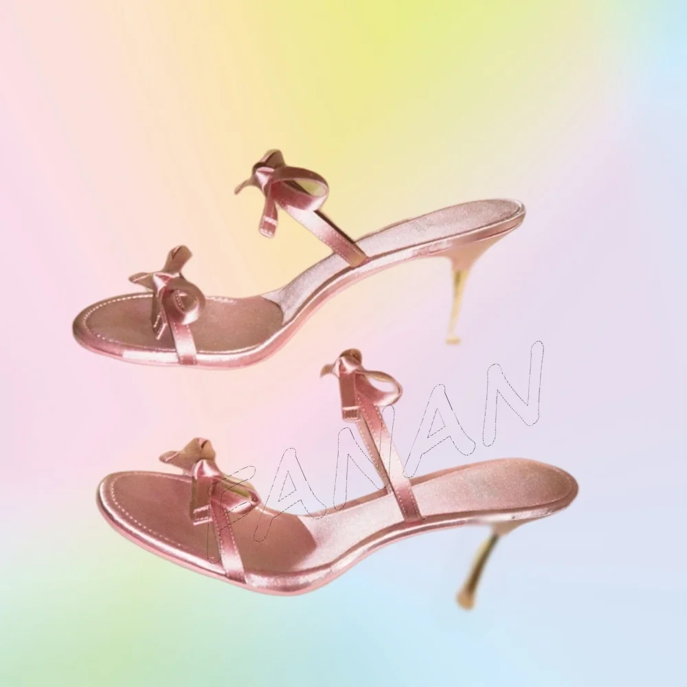 

Pink Bow Knot Decor Slippers Sandals Solid Round Toe Heels Shoes Wedges High Heel Shoes for Women 2025 Zapatos Para Mujere