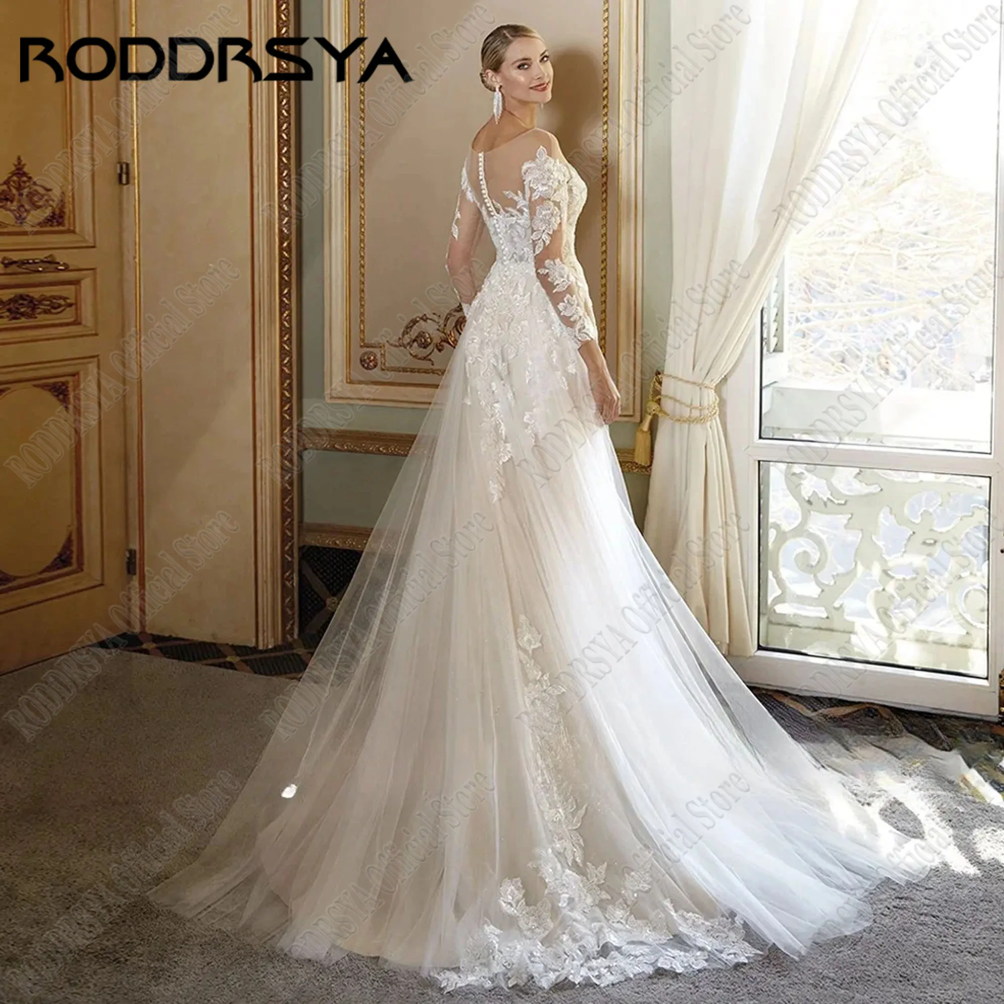 RODDRSYA Sparkly A-Line Elegant Wedding Dresses For Woman Scoop Long Sleeves Applique Glitter Tulle Button Back Bride Gowns