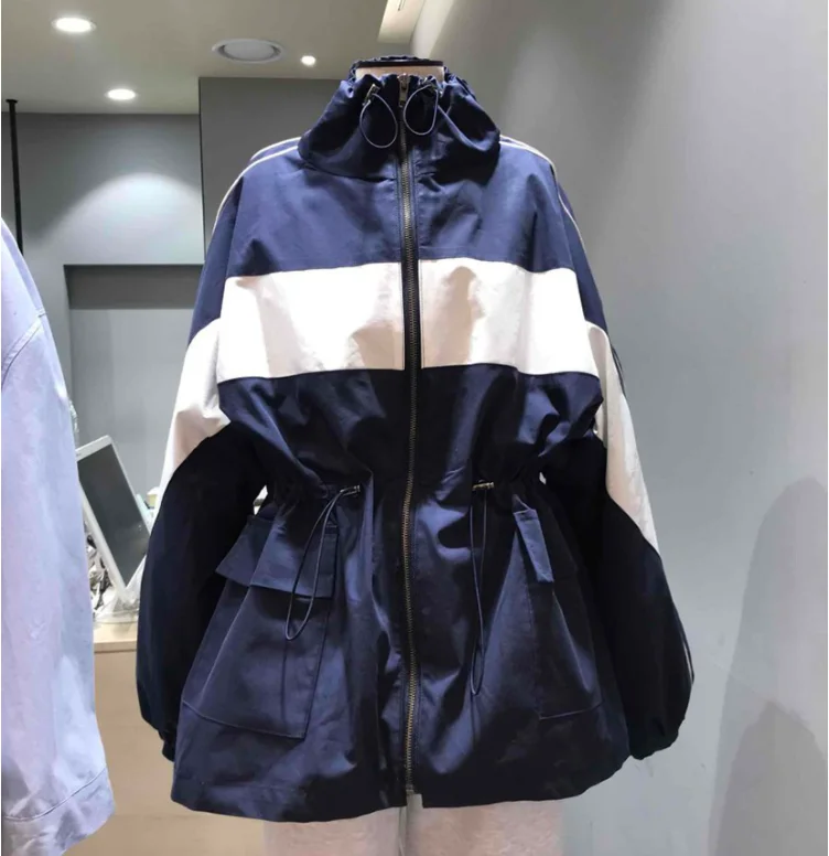 

SuperAen Korea Style 2023 Autumn New Fashion Loose Color Matching Drawstring Waistband Windbreaker Coat Women