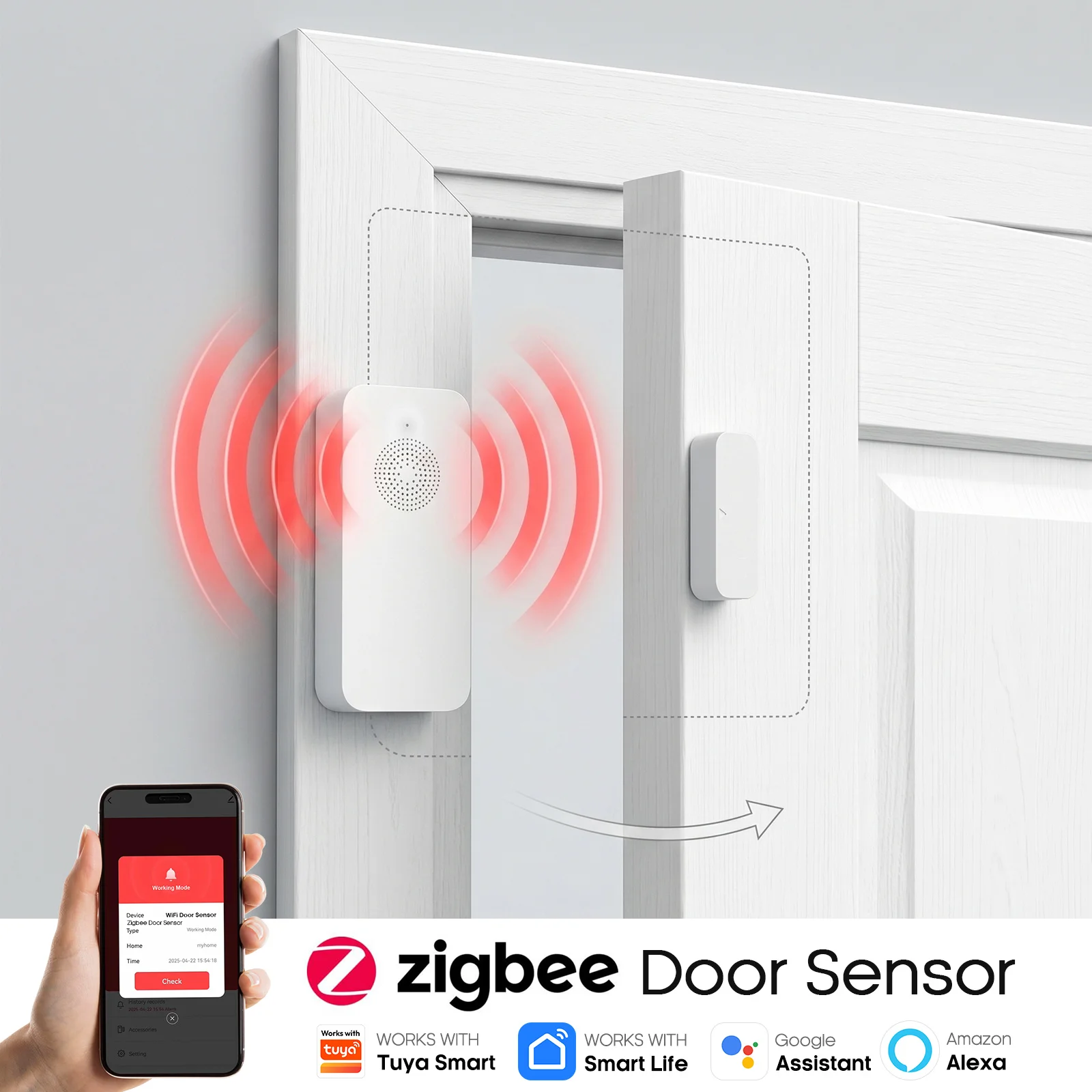 Capteur magnétique de porte/fenêtre PGST compatible avec Alexa, Google, Tuya et Zigbee pour système d'alarme domestique