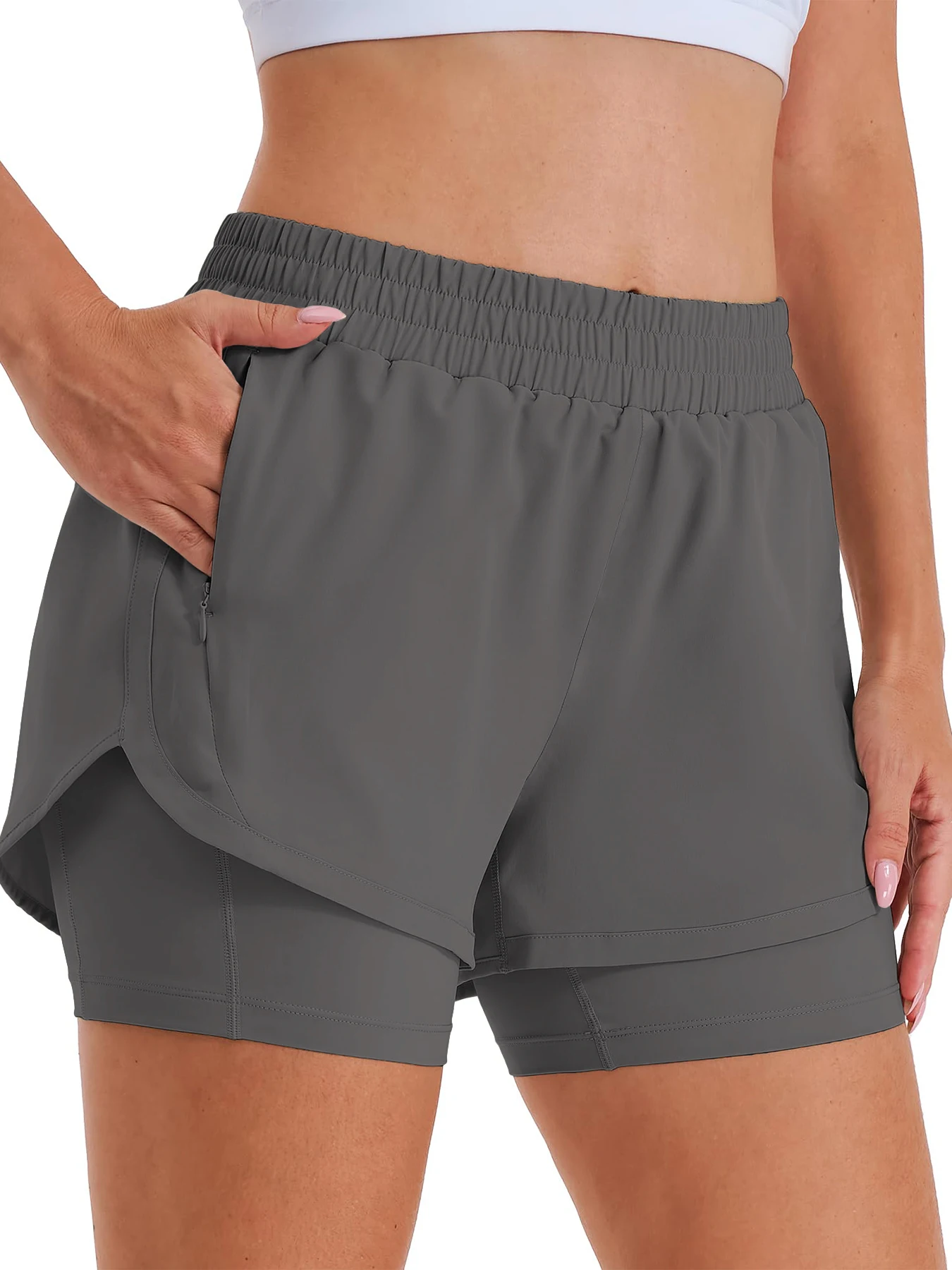 2-in-1 Freizeit-Sportshorts für Damen, Laufshorts, Sportshorts mit hoher Taille und gefütterten Reißverschlusstaschen – Detail 10