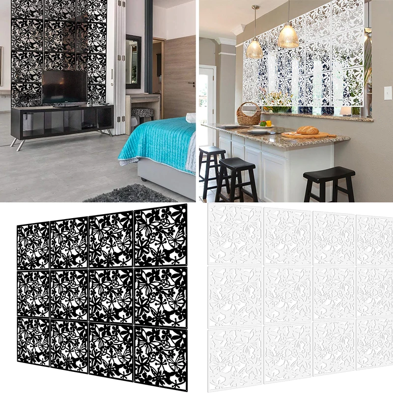 12pcs DIY PVC Room Divider Hanging Wall Screen Partitions Separator Hanging Decorative Panel Screens Hollow Curtain Art Decor