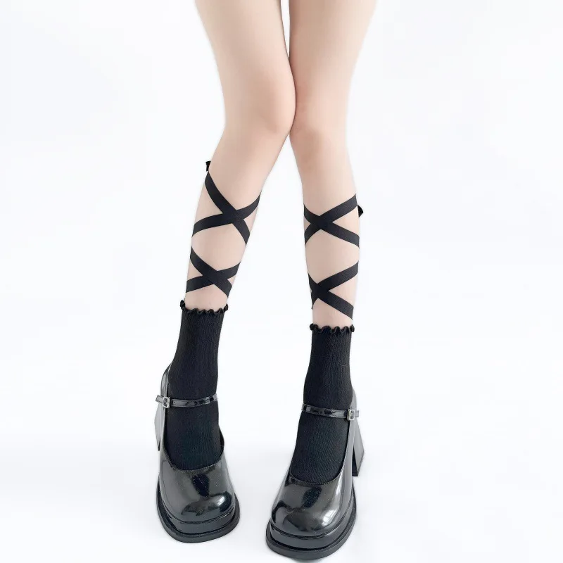 Japanese Ballet Style Sweet Girls Calf Socks Tie Strap Bowknot Lolita Black White Two Tone Comfort Elastic Decorative Stockings