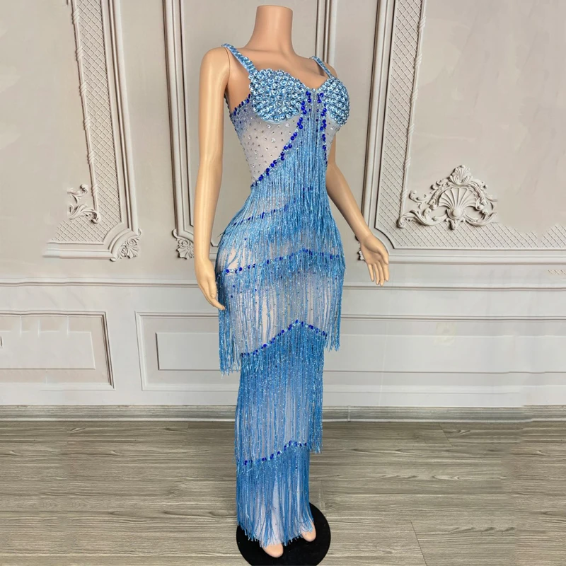 キラキラフルラインストーンフリンジドレス女性祝うイブニングドレスステージキャットウォークフェスティバル衣装社交パーティードレス XS9763