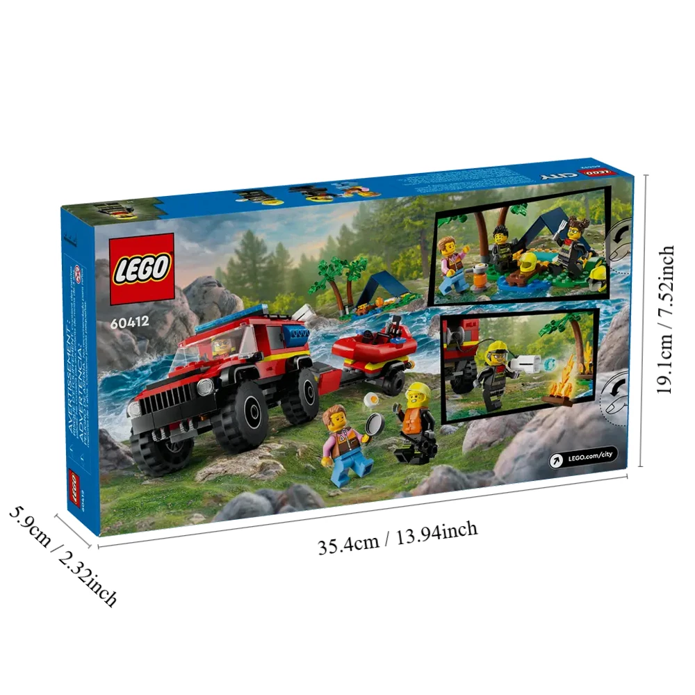 LEGO City-60412 Zestaw zabawek do budowania wózka strażacka i łodzi ratunkowej 4x4, dekoracja pokoju