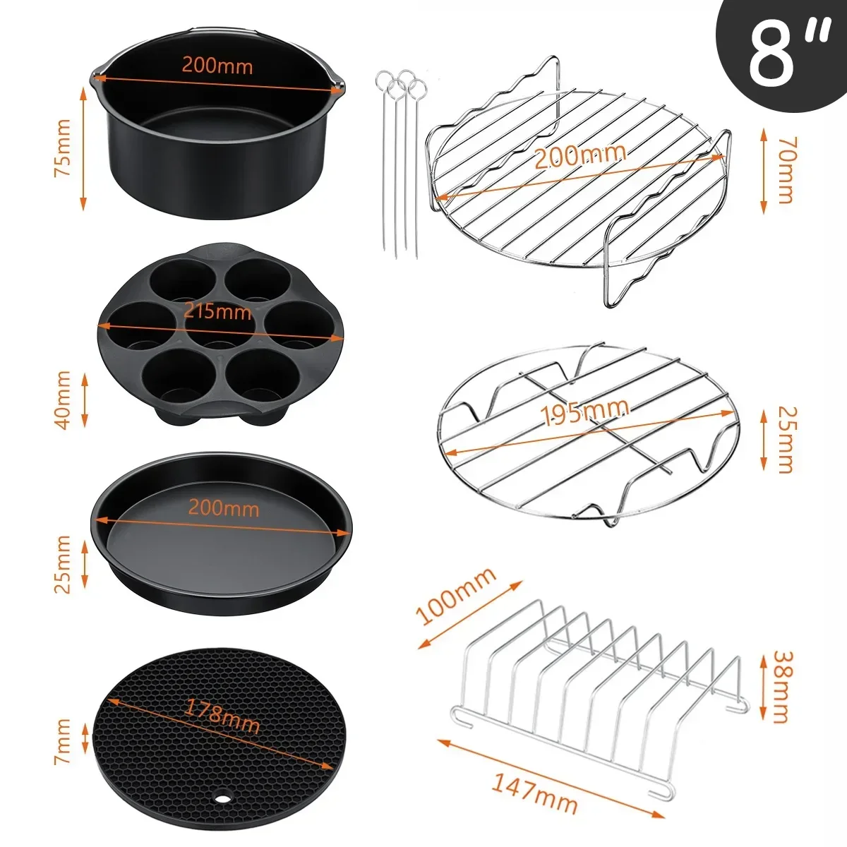 8Inch Deep Fryer Accessories Set High Quality Baking Basket Pizza Plate Grill Pot Kitchen Cooking Tool Electric Deep Fryer Parts