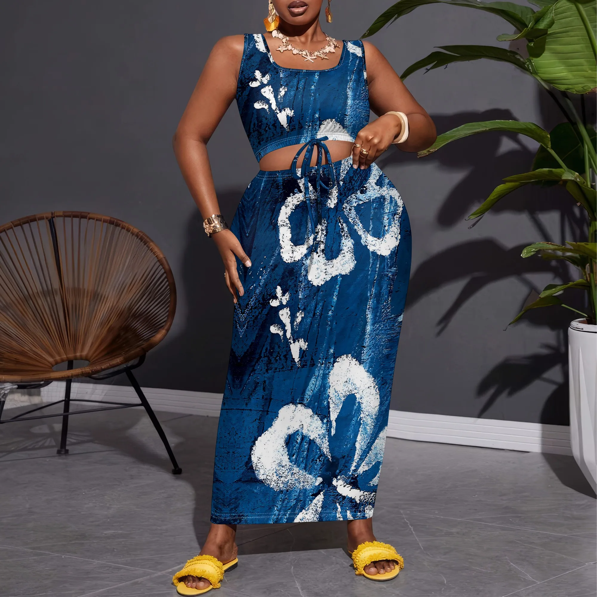 

SheFirstStyle Blue Tie-Dye Floral Sleeveless Maxi Skirt and Crop Top Outfit