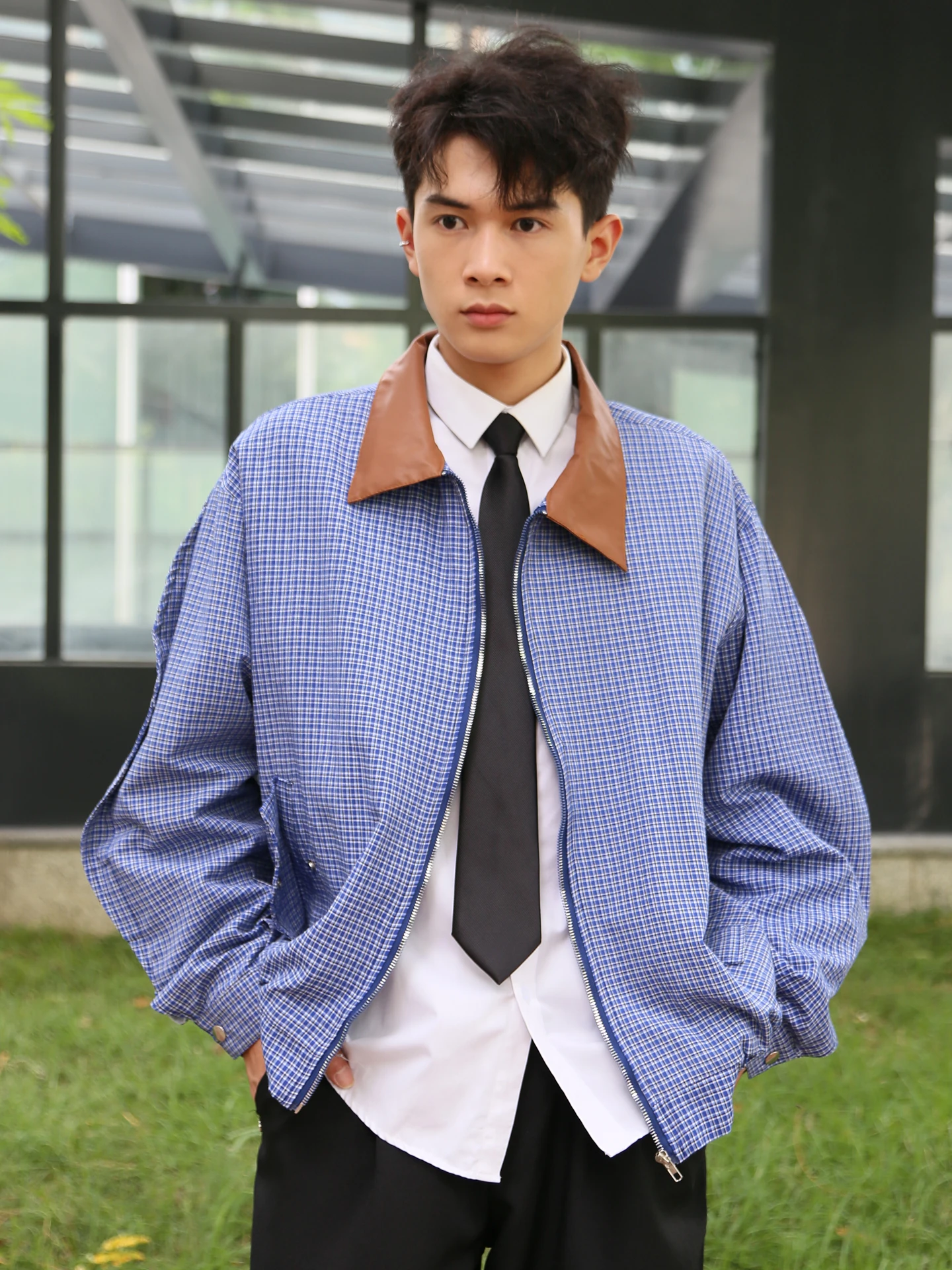 

Осень 2023, мужское свободное пальто в клетку с кожаным воротником, цветное блузовое пальто с подкладкой на молнии, длинное све irt, винтажное платье