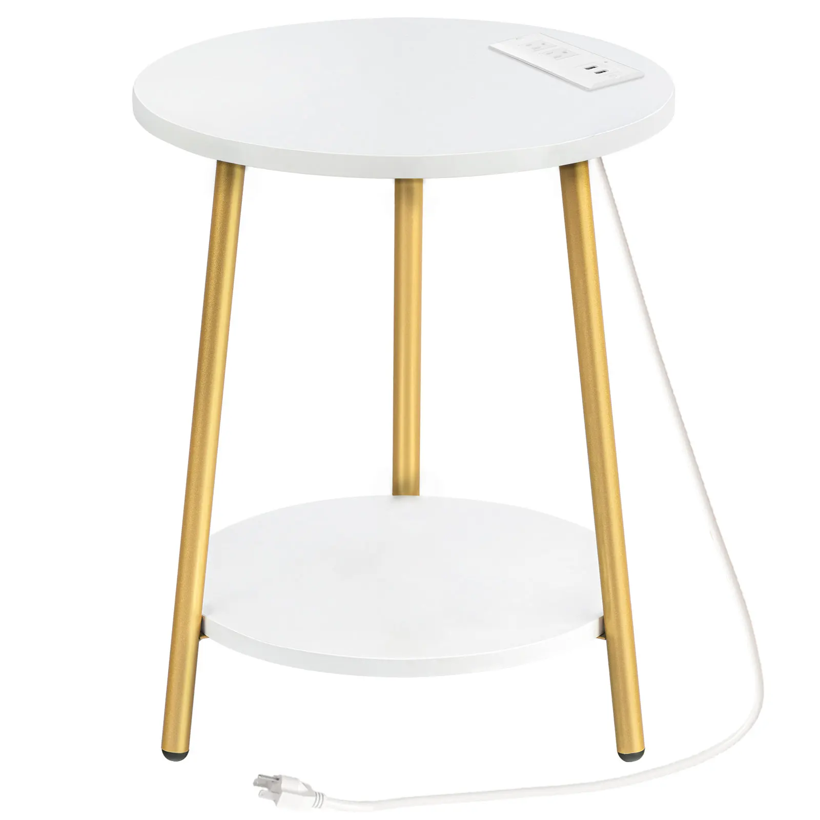 HOOBRO End Table with Charging Station 2-Tier Round Side Table with Wooden Shelves Modern Gold Small Accent Table For LivingRoom