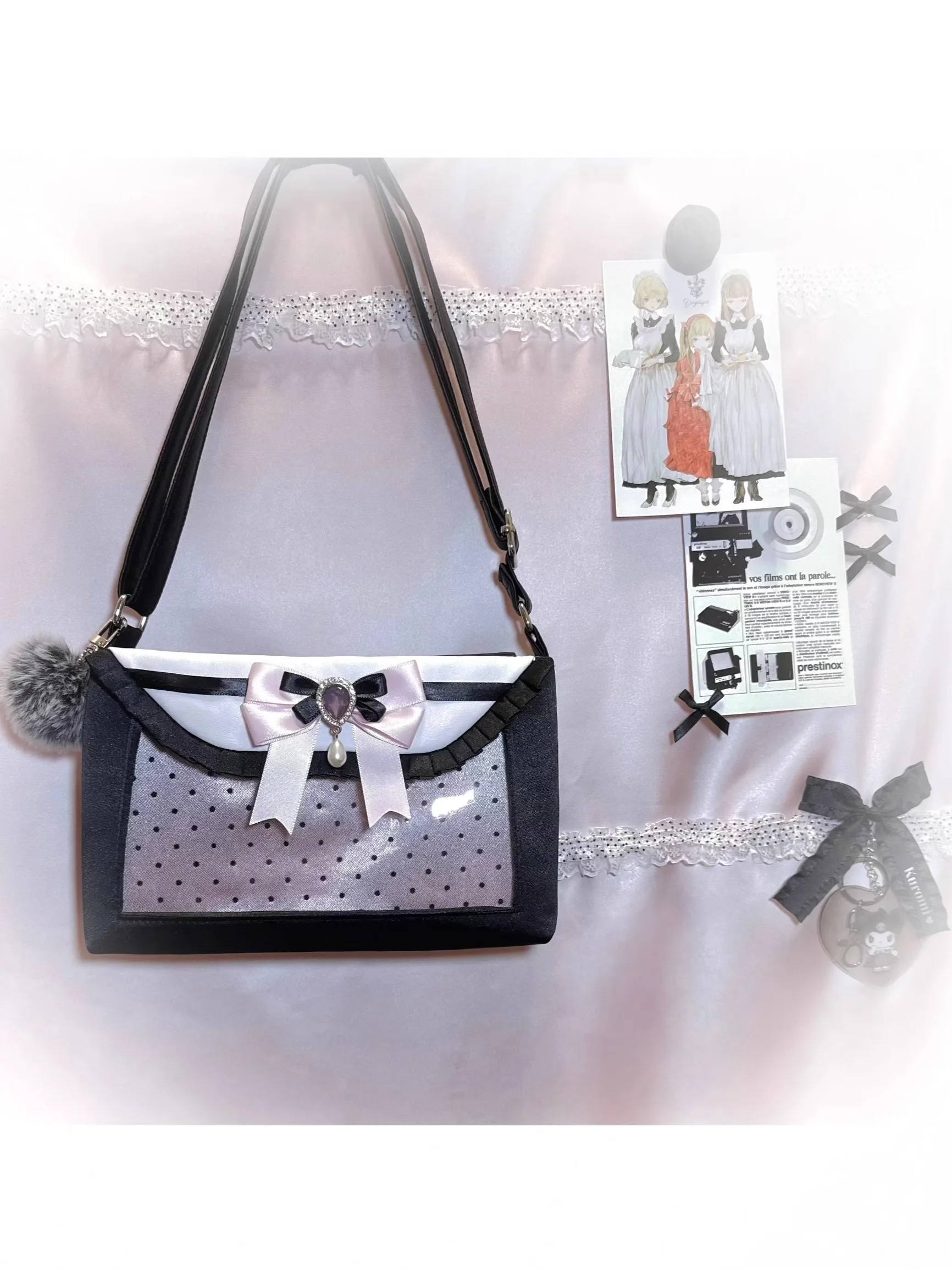 Original Japanese Lolita Tote Bag Sweet Bow Satin Transparent Pain Bag Kawaii Women's Daily Commuting Tea Party Messenger Bag