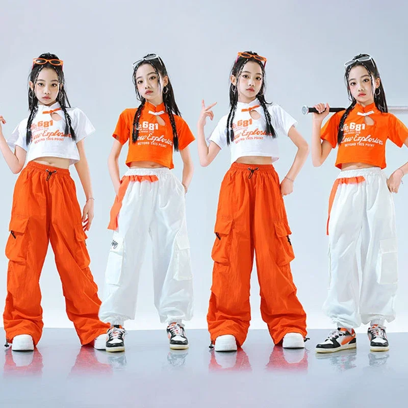 

Kpop Hip Hop Dance Costume Girls Summer Jazz Stage Wear Orange Shuffle Pants White Street Dance Clothing Fashion Sportswear