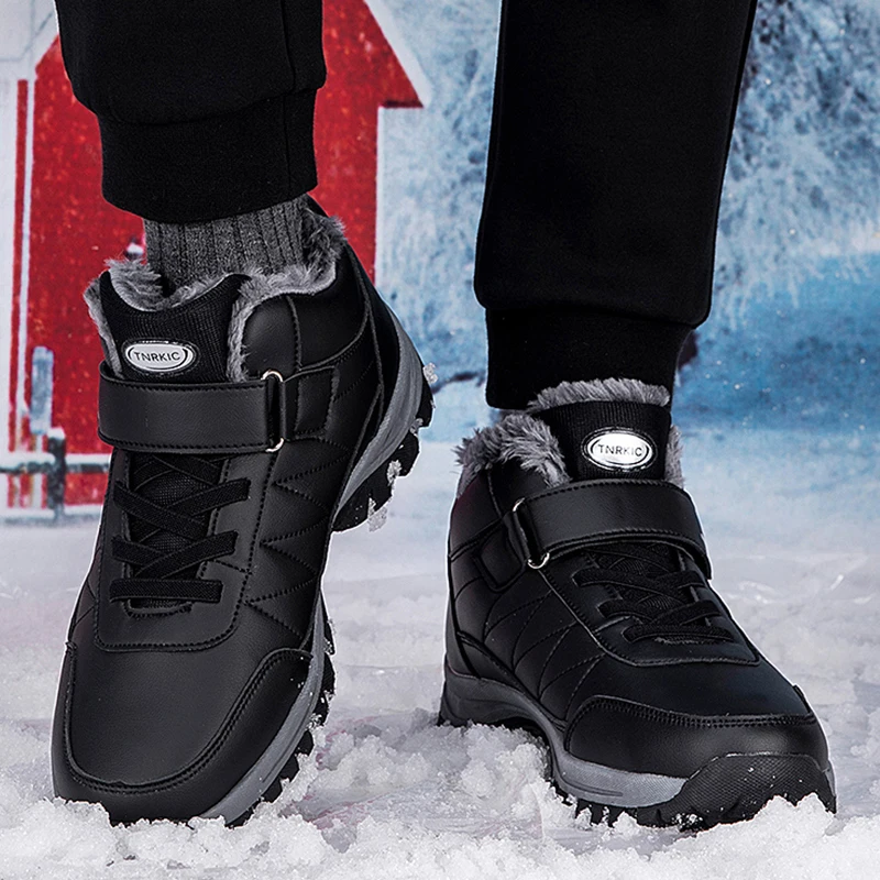 2023 Winter Women Men Boots Waterproof Leather Boots Man Plush Warm Sneakers Man Outdoor Ankle Snow Boots Casual Shoes Big Size