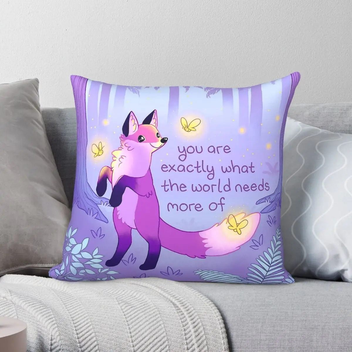 Kind Fox And Fireflies Dance Square Pillowcase Polyester Linen Velvet Creative Zip Decorative Room Cushion Case