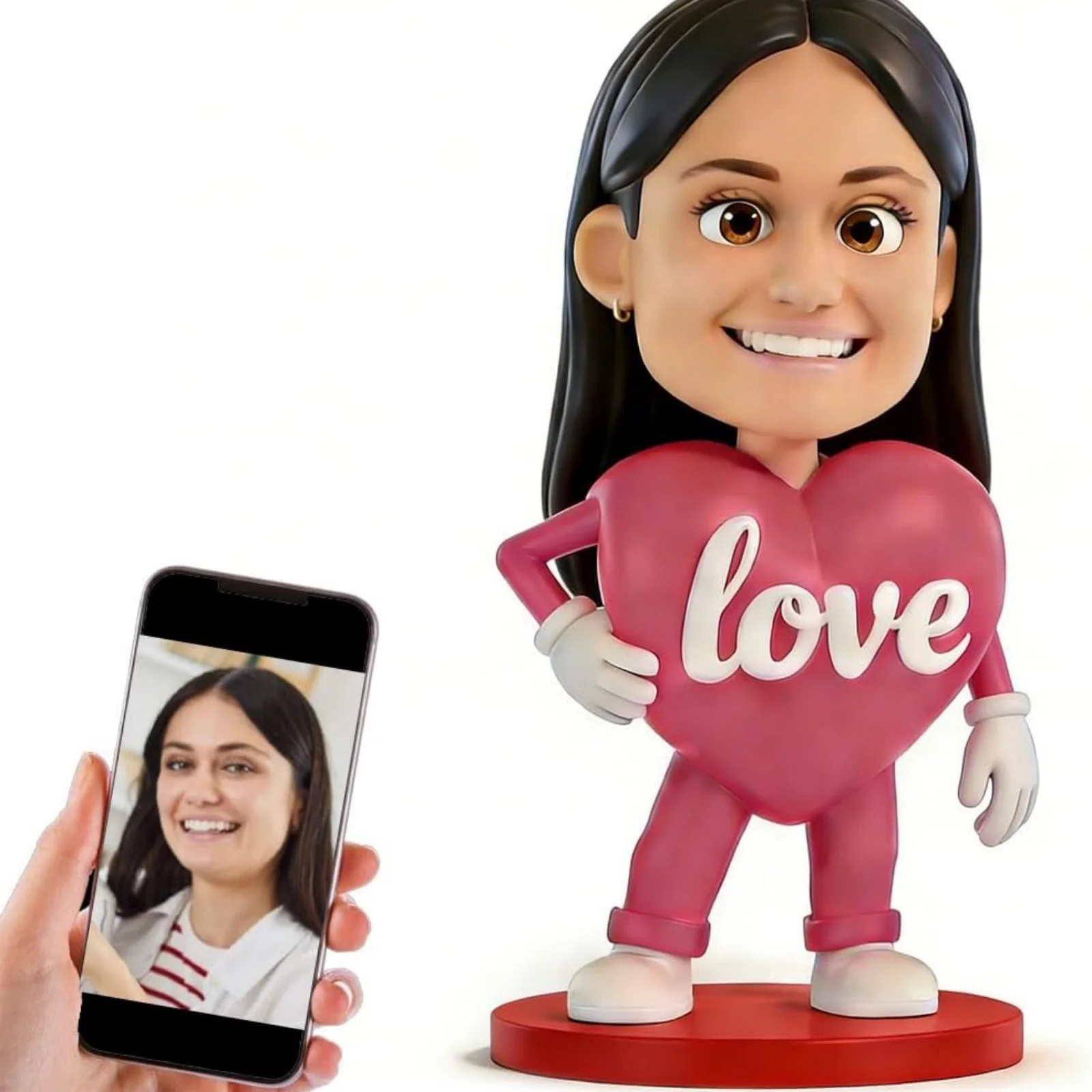 Custom Love Heart Bobblehead from Photo, Personalized Female Figurine, Romantic Valentine's Day Anniversary Gift for Her