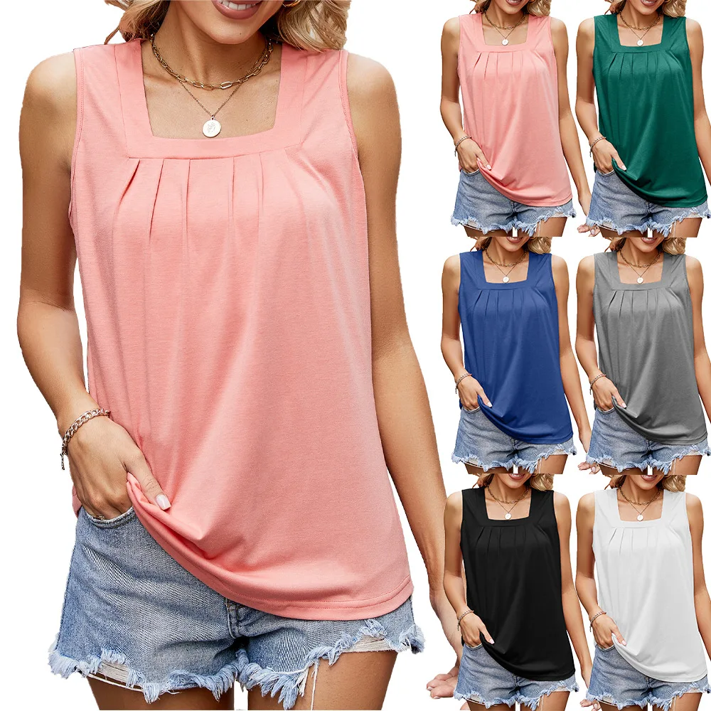 

Ropa De Mujer Square Neck 2025 Women Blouses Summer Tank Loose Shirts For Women Casual Sleeveless Solid Colors Folds Vest Tops