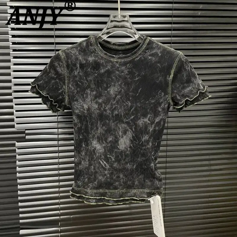 ANJY Summer New Women Vintage Dark Style Gradient Stretch Short Sleeve T-shirt Niche Design Patchwork Distressed Chic Top A23559