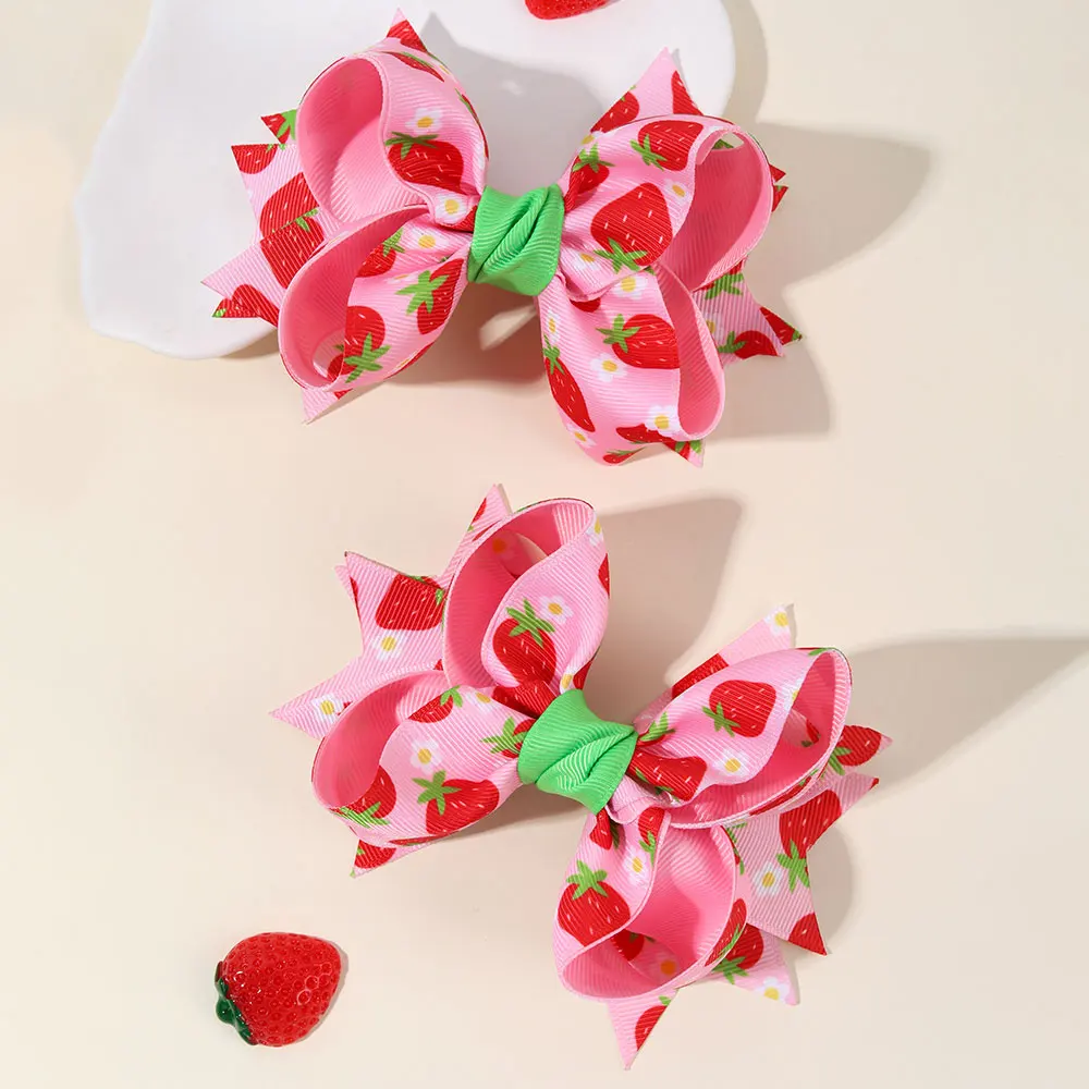 2Pcs Ribbon Strawberry Print Bows Hair Clips Bowknot Hairpin Kid Barrettes Pink Ponytail Clip Headwear Children Hair Accessories