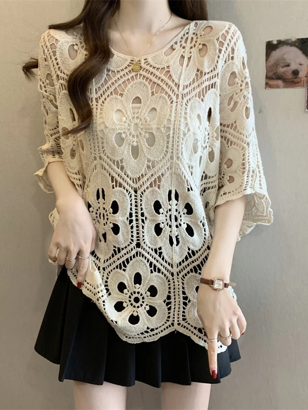 

Женский вязаный топ с вырезами и рукавами «летучая мышь» больших размеров, летняя дышащая накидка-кардиган