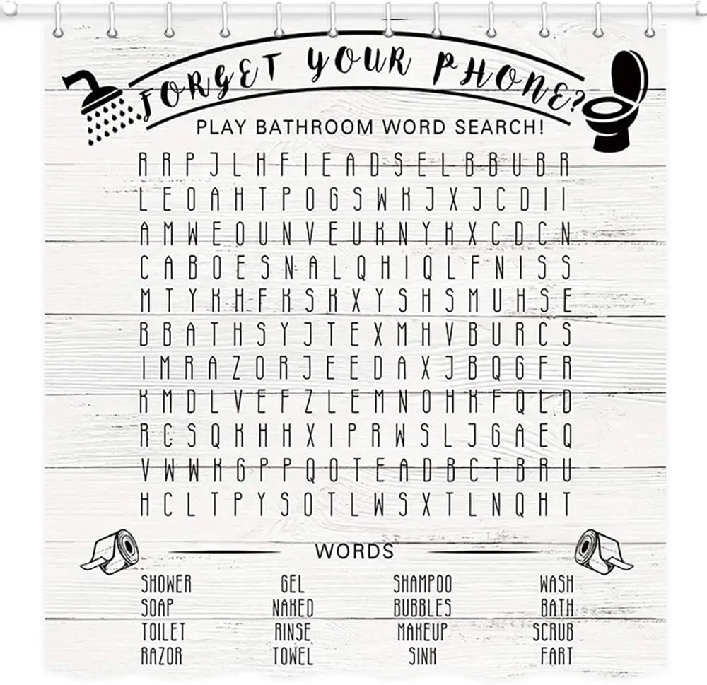 Funny Bathroom Word Search Shower Curtain Forget Your Phone Retro Wooden Plank Country Rustic Decor Hooks