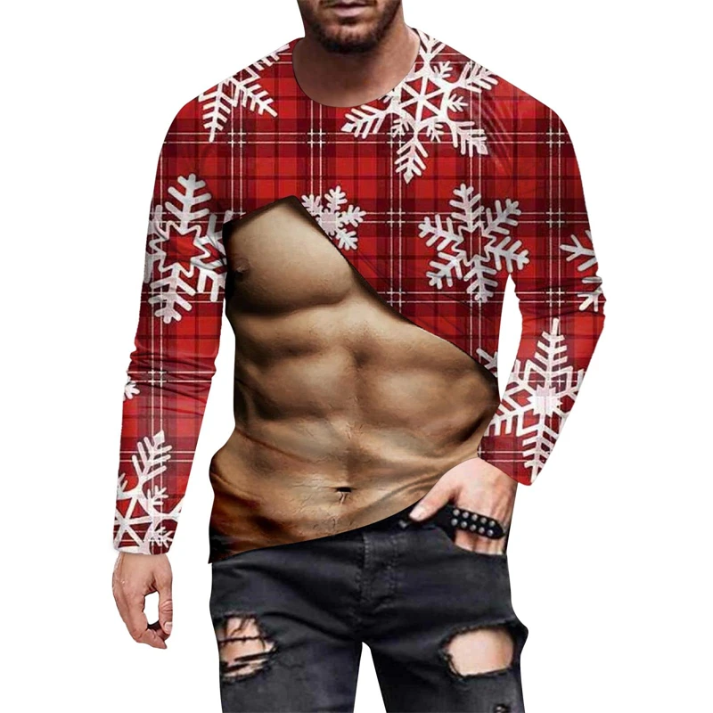 2025 Male Christmas T Shirt 3D Pullover Crew Neck Autumn Long Sleeve T-Shirt Funny Muscle Print Men'S Party Tops Kids Clothing 