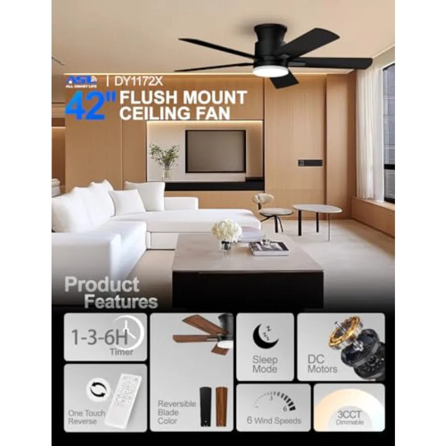Flush Mount Ceiling Fans with Lights 42 Inch, Remote Control, 3CCT Dimmable, 6 Speeds, Noiseless Reversible DC Motor, Low Profi