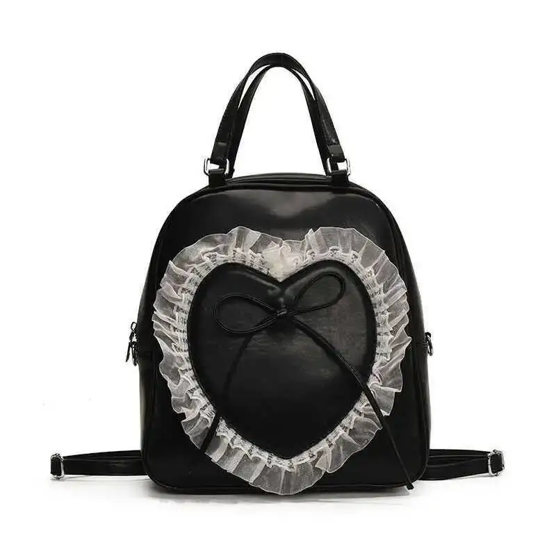 Sweet Kawaii Lace Patchwork Heart Bow Mini Handbags Japanese Chic Girls Preppy Schoolbags Y2k Aesthetic Casual Backpacks Women