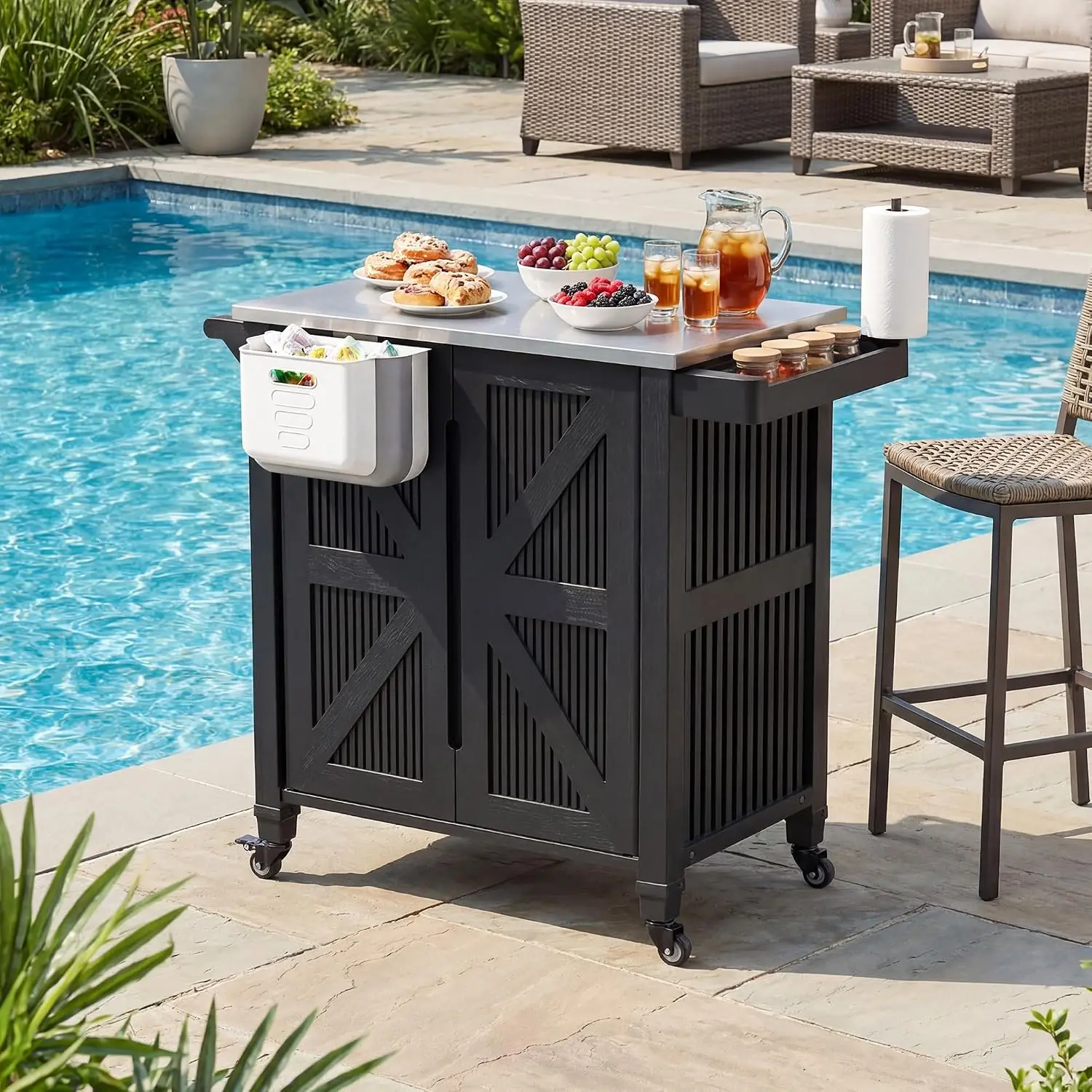 Rolling Outdoor Grill Prep Cart with Stainless Steel Tabletop, 2‑Tier Storage Kitchen Island BBQ Work Station with Hanging Trash Bin & Side Shelf for Patio Yard Picnic Activities
