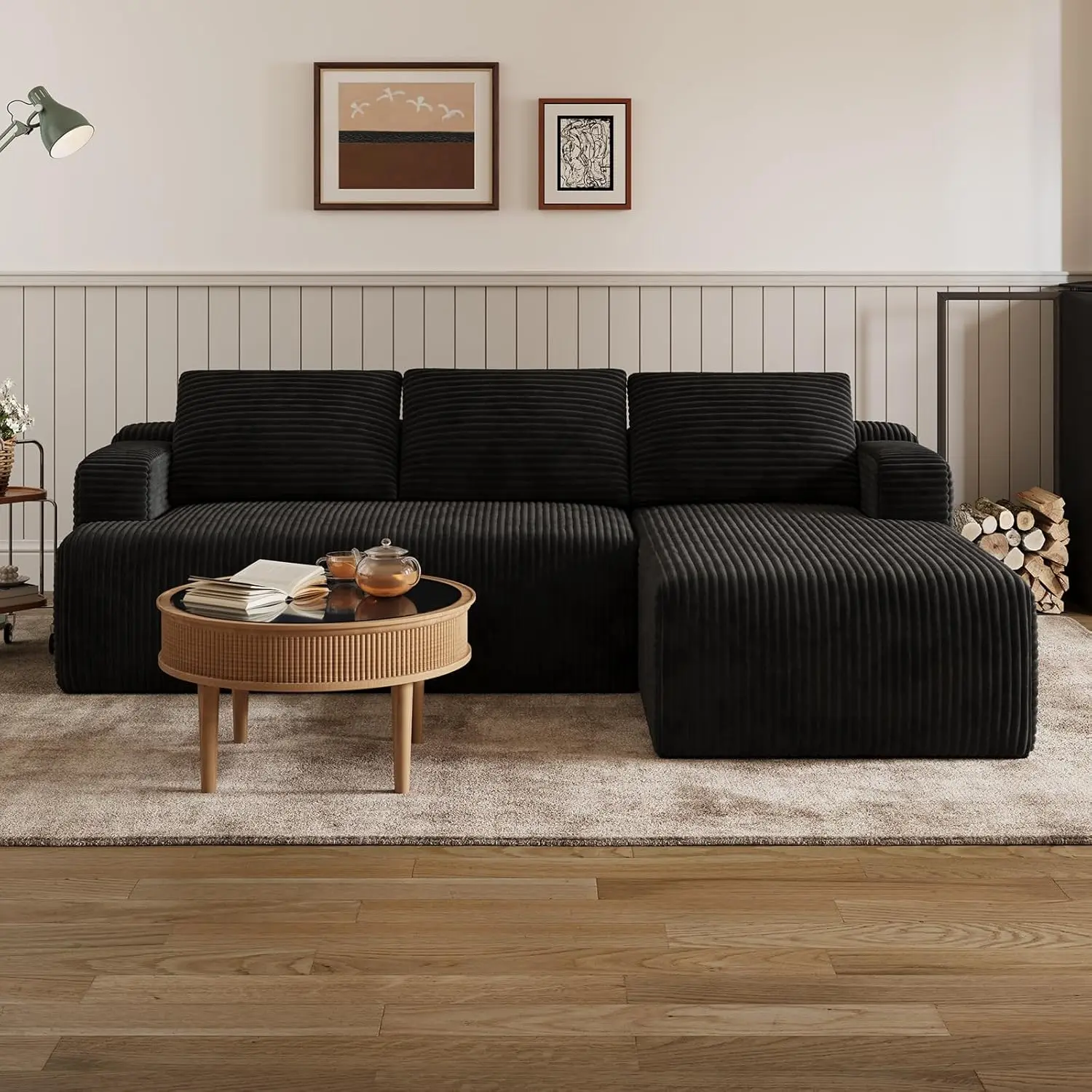 

L-Shape Sectional Sofa with Smarts Coil Support, 3-Seater Living Room Couch, Corduroy Fabric, No