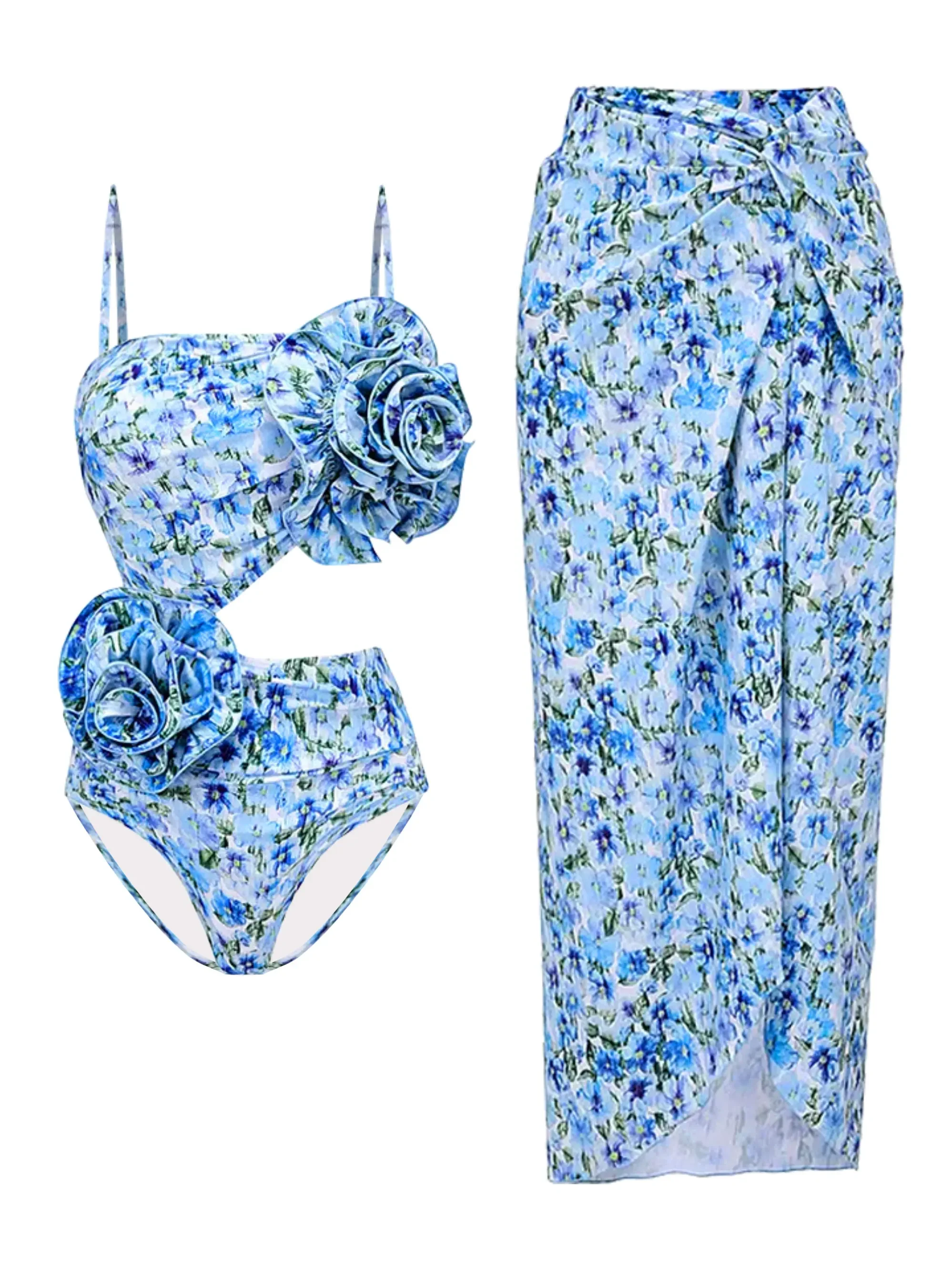 Traje de baño de una pieza con recortes de flores para mujer, conjunto de falda, traje de baño estampado para mujer, ropa de playa para vacaciones 2025