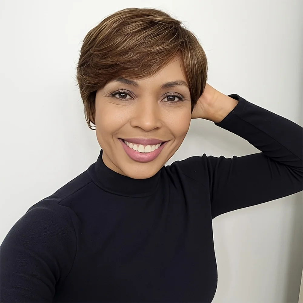 

Бразильский парик из натуральных волос, смешанные цвета, короткий парик с стрижкой пикси для женщин, прямой многослойный парик, полностью машинные парики