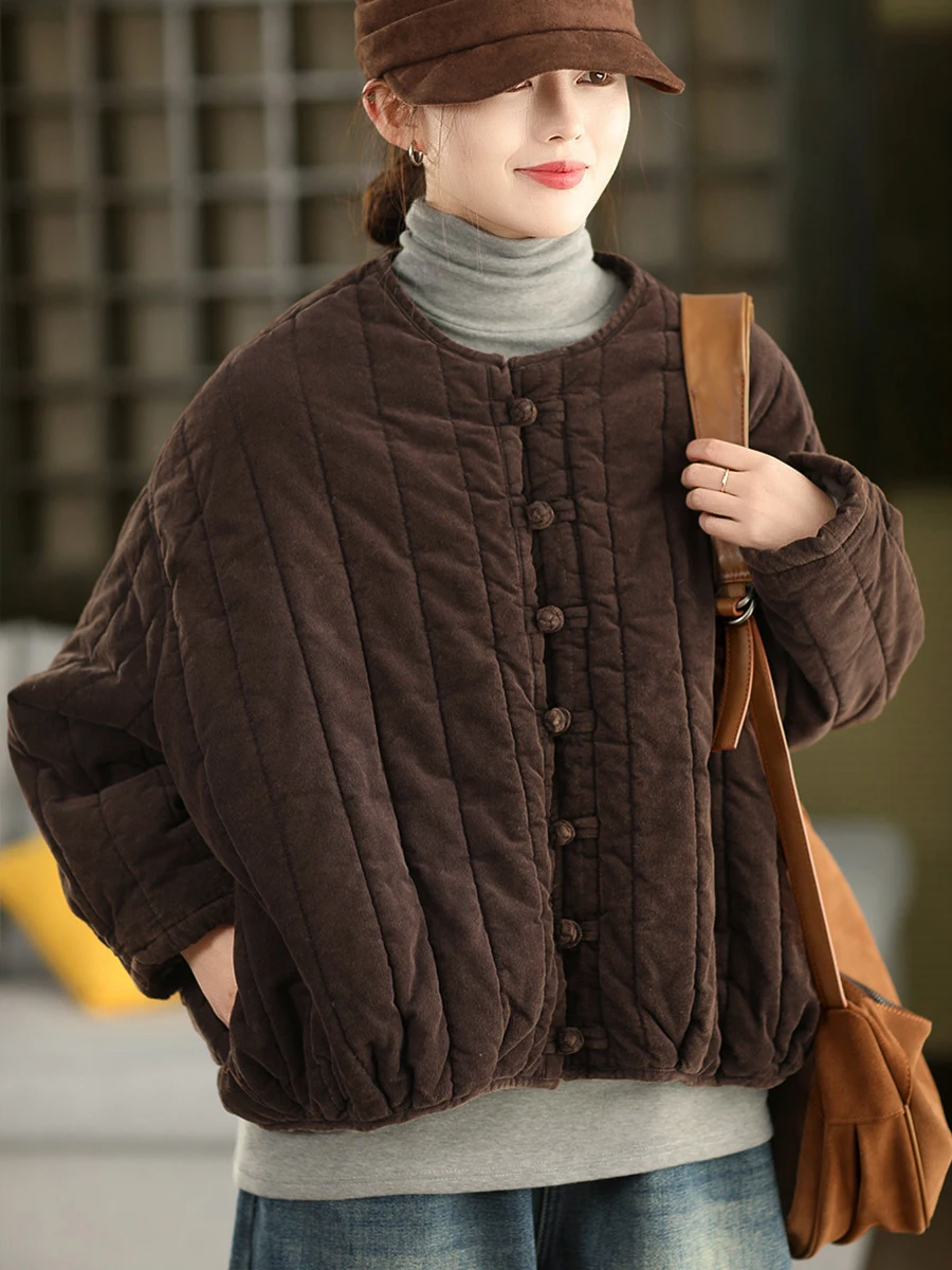 100% хлопок, женские повседневные стеганые пальто, новинка 2025 года, зима, винтажный стиль, с круглым вырезом, однотонные свободные женские толстые теплые куртки M2099