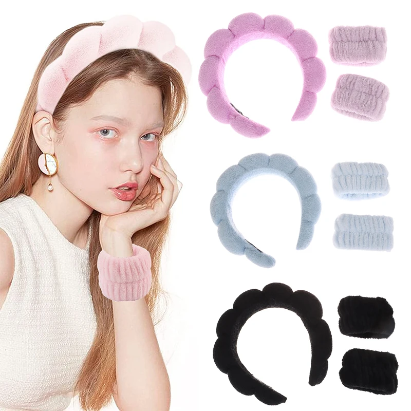 Bando Spa untuk mencuci wajah, aksesori rambut wanita, 3 buah bando spons Makeup Headband pergelangan tangan handuk gelembung