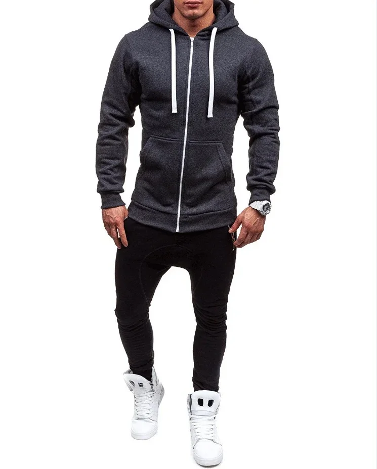 Lässiges Sweatshirt mit Reißverschluss und Kapuze, Herren-Sweatshirt, einfarbig, Strickjacke mit Kapuze, Jacken, Frühling und Herbst, männliche Tops – Detail 9
