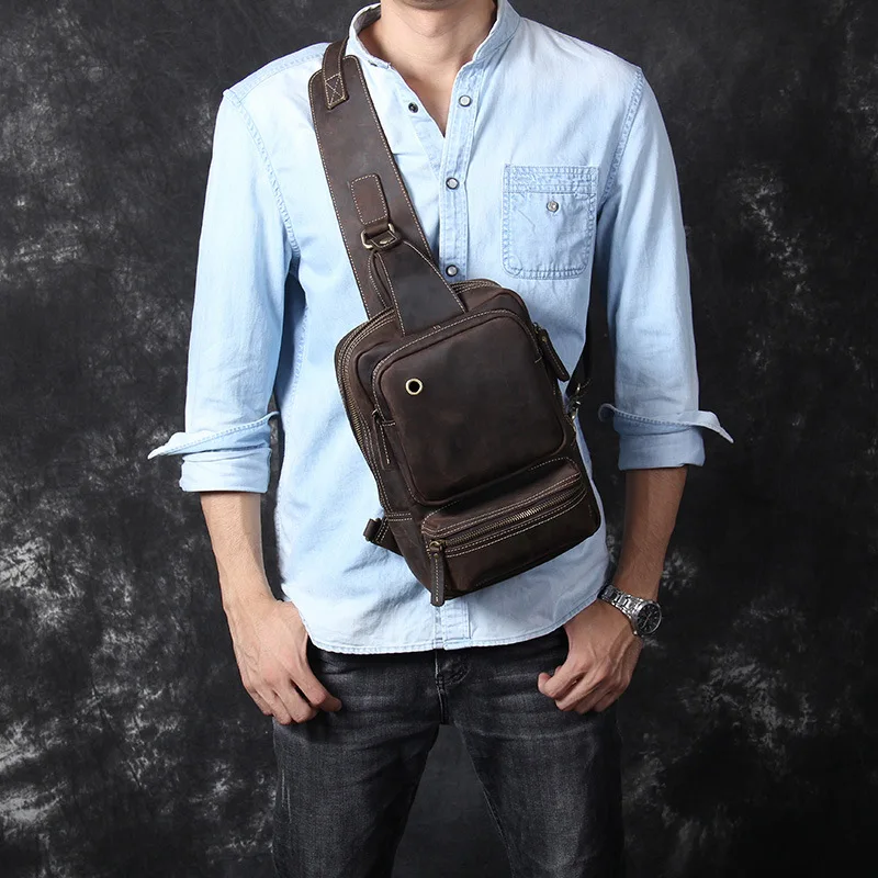 Men's Chest Pack Big Capacity Genuine Leather Shoulder Messenger Bag Male Sling Day Pack Crossbody Summer Bag male Travel bags