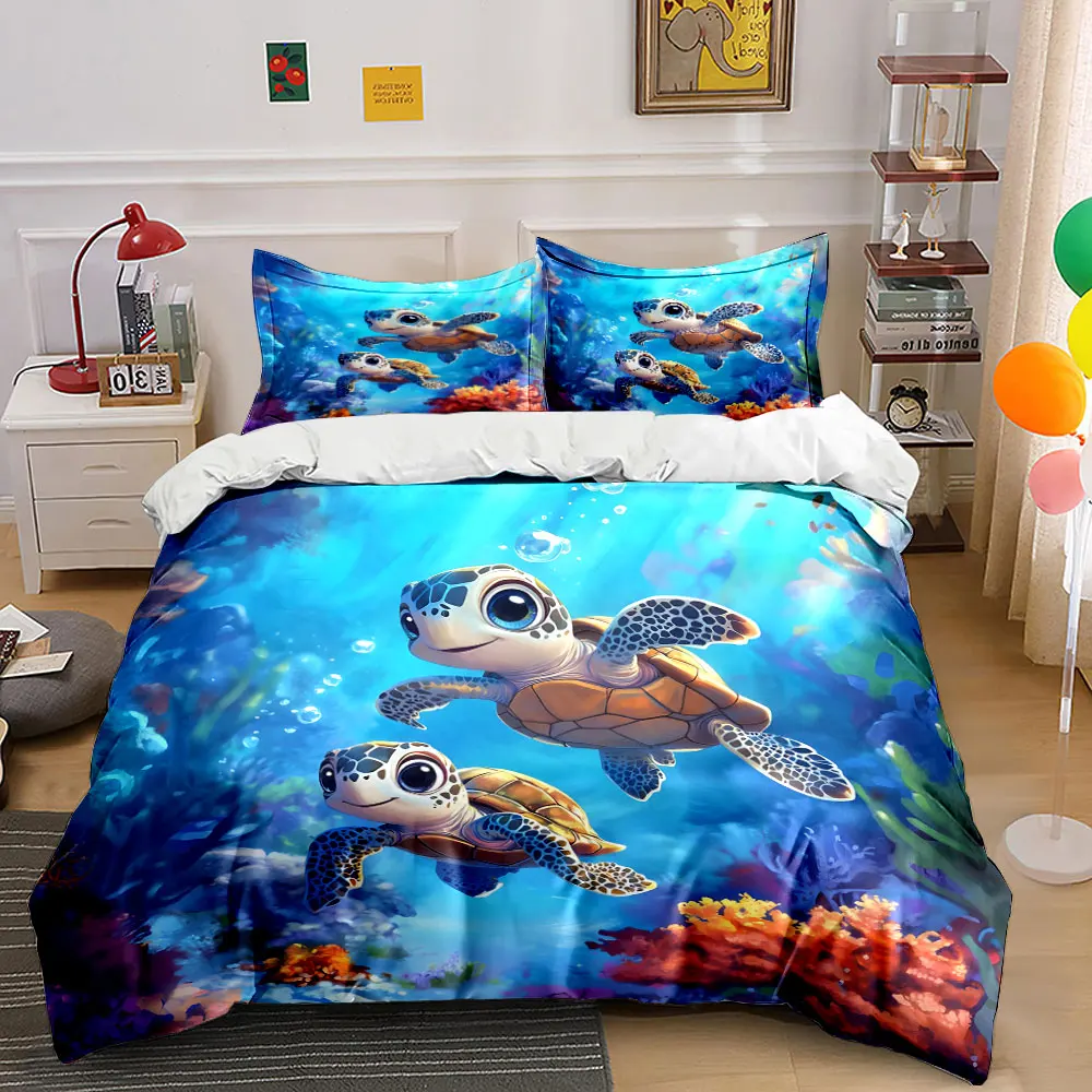 Colorful sea turtles swimming underwater Bedding Set for Kids Luxury Gift 3pcs Digital Print Comforter Set Soft Comfortable